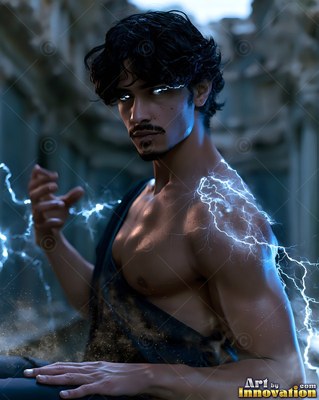A man with bright eyes and blue lightning across his shoulder