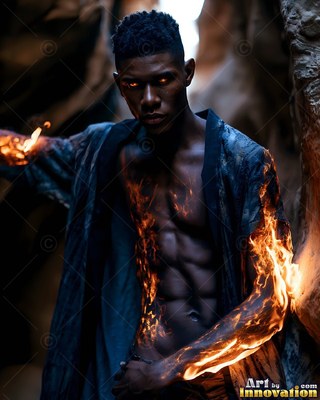 Fiery veins light up a dark-skinned man in an open robe standing in a narrow rock canyon
