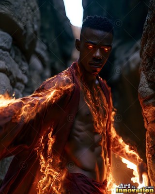 A man in red robes steps through a stone canyon with fire burning along his arms and chest