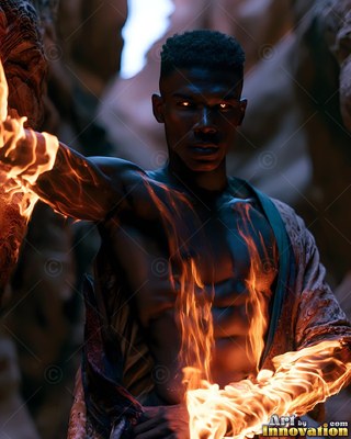 Leaning against a canyon wall, a shirtless man stands with flames on his arms