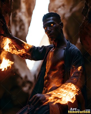 A man in a dark robe stands in a canyon with fire blazing along his arms
