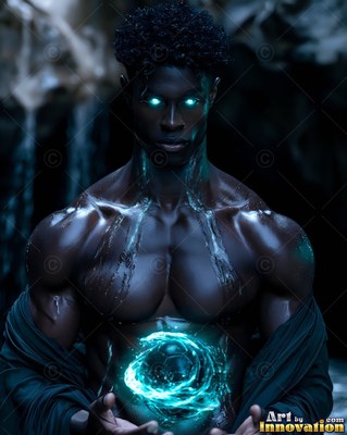 In a dark cave, a muscular Black man holds a swirling ball of teal energy