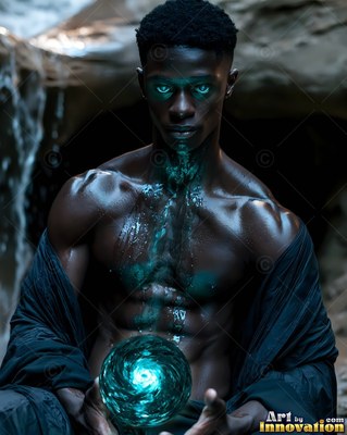 Holding a bright green orb, a shirtless Black man sits in a dark rocky cave