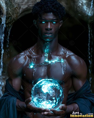 A bare-chested man holds a bright blue ball of water in a cave