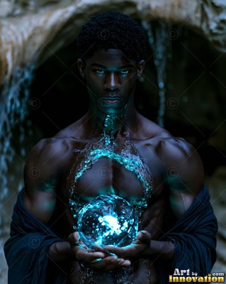 A muscular, man without a shirt holds a bright blue water orb inside a dark cave