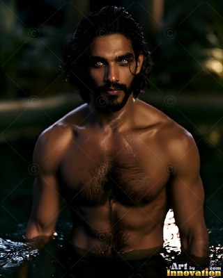 A bare-chested man stands in dark water with pale white eyes catching soft light