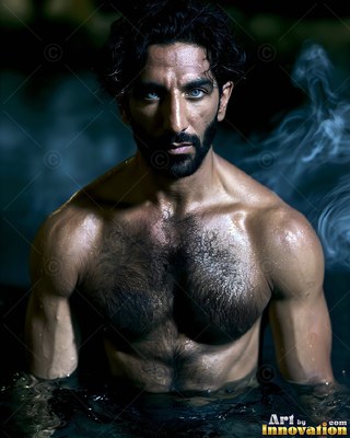 Facing front in dark water, a shirtless bearded man is standing in rising steam