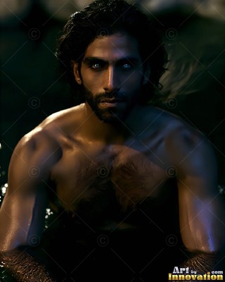 A shirtless man with bright pale eyes sits in dark water under soft blue light