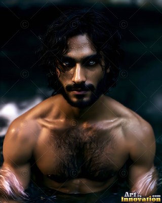 In dark water, a shirtless bearded man stares ahead with pale eyes
