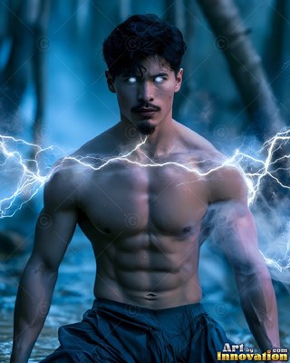 Channeling lightning across his chest, a bare-chested man kneels in blue water