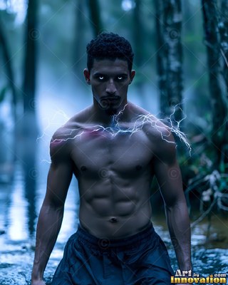 Shirtless man in water with blue lightning on his shoulders