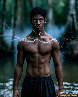 White blank eyes mark a shirtless man with lightning on his shoulders in a dark swamp
