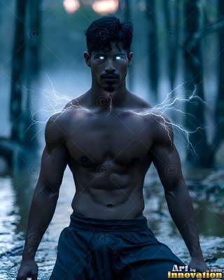 A bare-chested man stands in a dark swamp as white lightning crackles across his shoulders