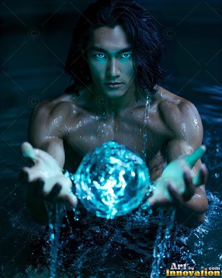 Chest-deep in dark water, a bare-chested man holds a bright blue sphere of energy between his hands