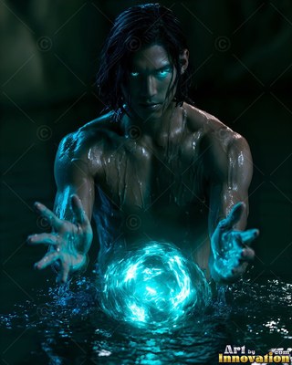 A shirtless wet man kneels in dark water holding a bright blue ball of light