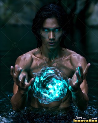 In dark water, a man without a shirt holds a bright blue sphere of light between his hands
