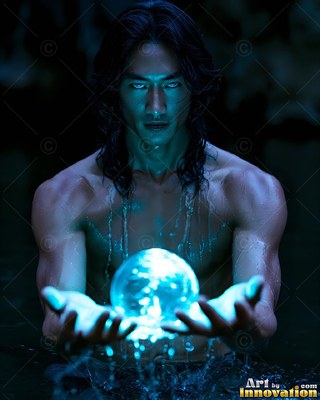 Wading in dark water, a bare-chested man holds a bright blue sphere of light