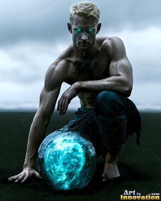 Shining blue eyes define a shirtless man kneeling by a bright energy sphere on dark sand