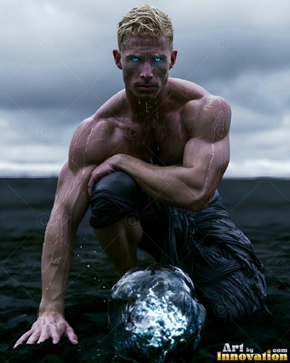 A muscular blond man crouches on dark sand near a silver sphere under a dim gray sky