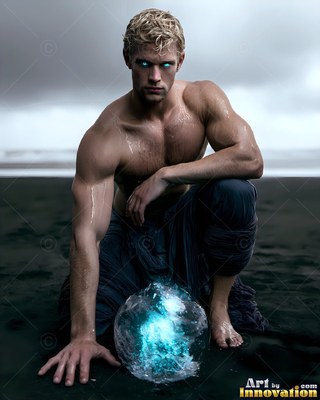 Crouching on a dark beach, a shirtless blond man guards a blue ice orb