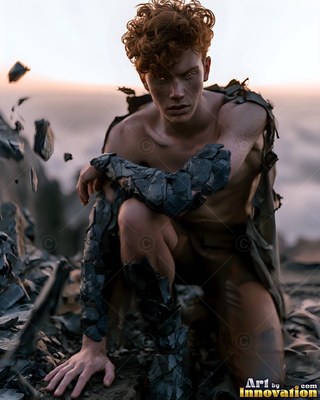 A red-haired man kneels outdoors with jagged dark stones wrapped around his arm