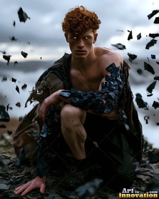 On a rocky hill, a red-haired man kneels with black stones on his arm