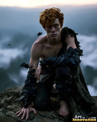 Kneeling on a rocky cliff, a red-haired man wears ragged black stone bracers