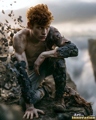 A red-haired man crouching on rock with stone covering his arms