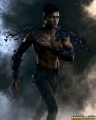 Black feathers cover the arms of a shirtless man walking through dark smoke clouds