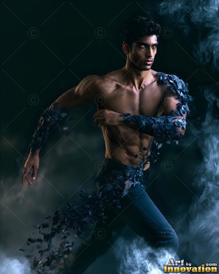 A shirtless man lunges through smoke as dark blue scales dissolve in cool light