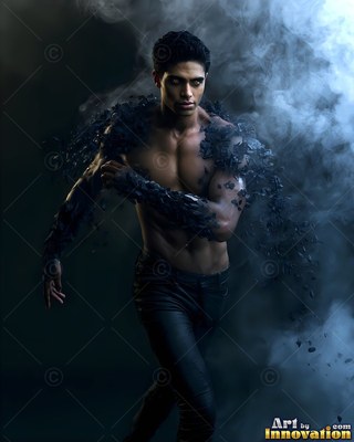 Walking forward in gray smoke, a shirtless man covered in dark shards