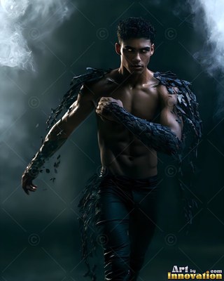 A bare-chested man walks through smoke with dark rock armor spreading across his arms