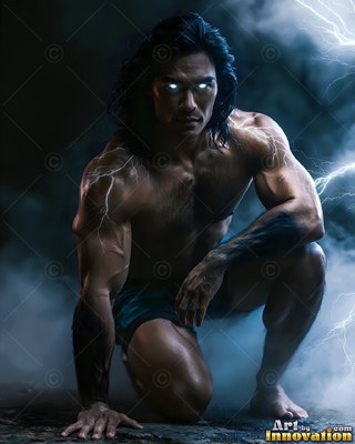In dark smoky mist, a muscular man kneels with bright blue eyes and lightning on his skin