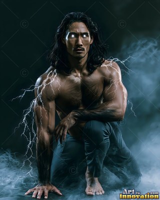 Kneeling in dark smoke, a muscular man with bright white eyes crackles with lightning