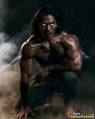 A muscular man crouches with white lightning across his shoulders