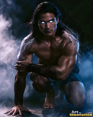 Bright white eyes shine on a muscular man crouched low in dark blue smoke and lightning