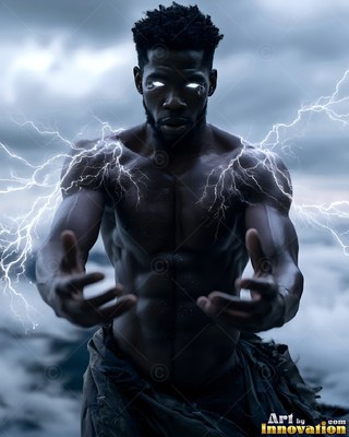 A shirtless man reaches forward as bright white lightning crackles across his shoulders