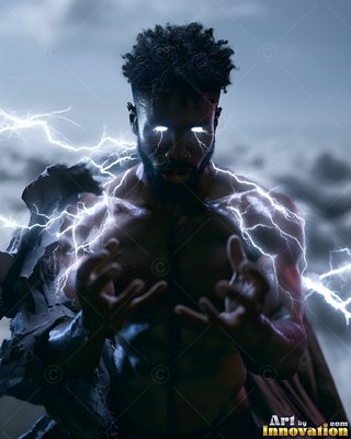 Facing forward outdoors, a muscular man channels white lightning with his bare hands