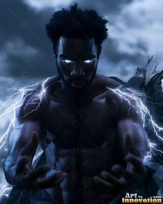 A shirtless Black man holds out his hands as blue lightning crackles on his shoulders