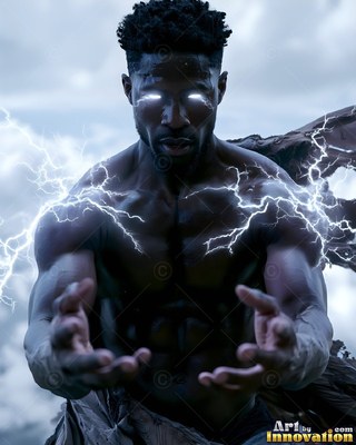 Under stormy gray skies, a muscular man channels white lightning from his hands