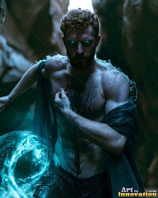Holding a bright water sphere, a shirtless standing man in a dark canyon cave