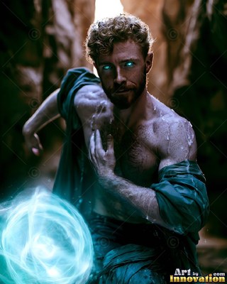 A shirtless man holding a blue ball of light in a canyon