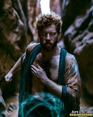 A red-haired man wearing green robes strides forward through a narrow rock canyon