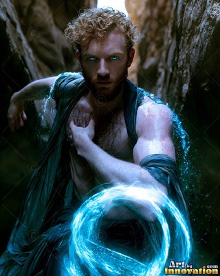 A bare-chested man casts water spells in a narrow canyon under bright blue light