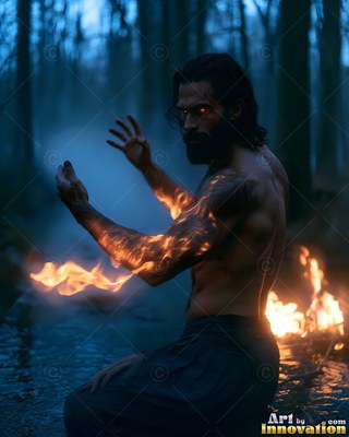 Kneeling in a dark forest, a bearded bare-chested man raises fiery arms