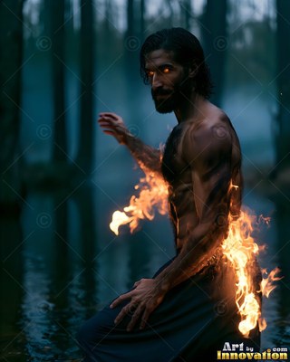 A shirtless man with bright yellow eyes kneels in dark water as flames rise from his back