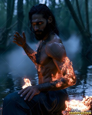 In a foggy dark swamp, a shirtless man crouches with burning fire on his arm