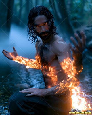 Kneeling in a dark stream, a bare-chested man raises his arms wrapped in orange fire