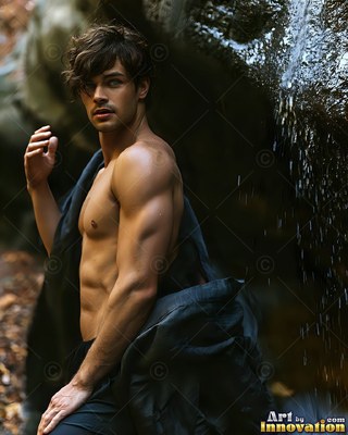 Bare-chested man holding a jacket next to a waterfall