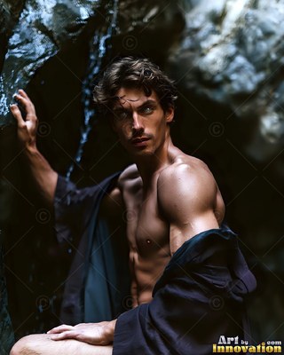 Wet dark hair clings to a shirtless man in a black robe sitting in a dark cave
